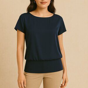 Dark Navy Banded Hem Bateau Neck Cap Sleeve Blouse by Express - Size XXS